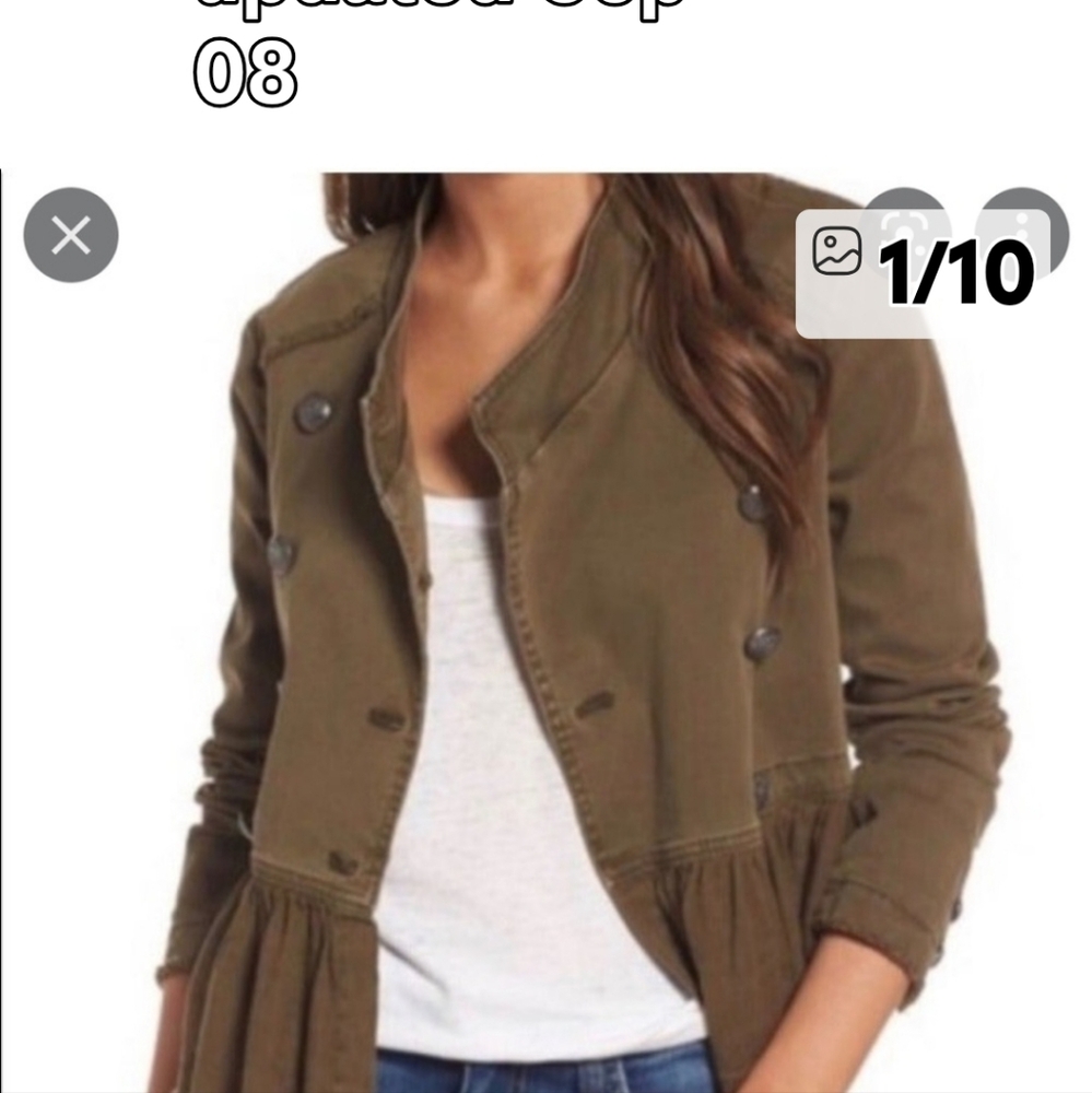 Free People Olive Utility Jacket with Ruffle Hem Women's